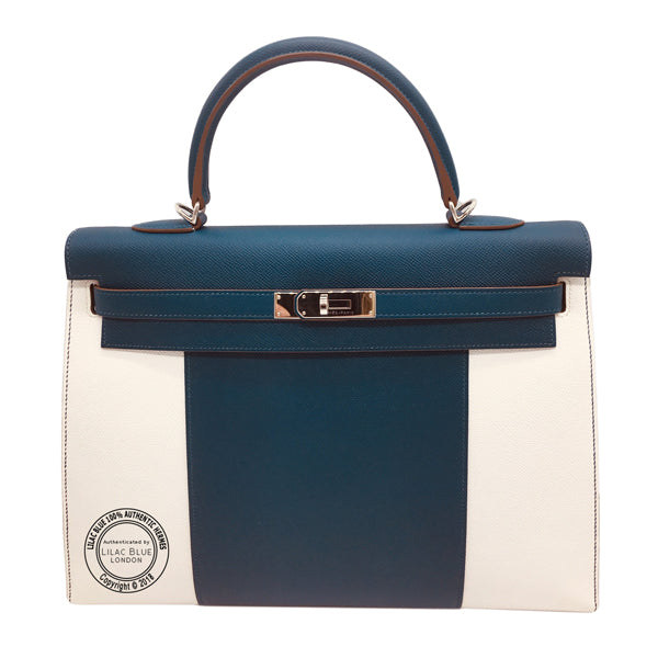 Hermès Kelly 35cm Bleu Thalassa/Blanc Flag Epsom PHW