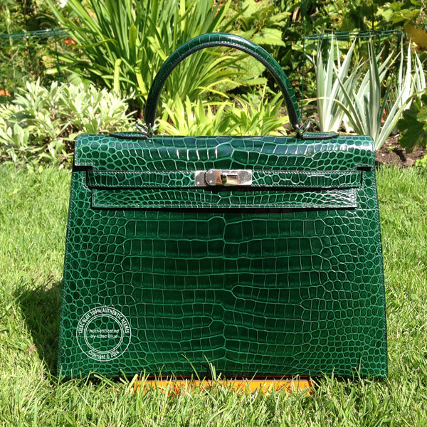 Hermès Kelly 35cm Emerald Green Shiny Croc PHW