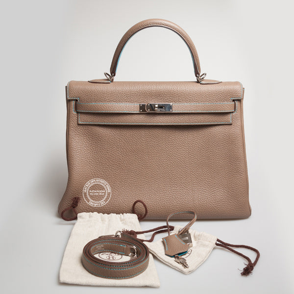 Hermès Kelly 35cm Kelly So Flash Etoupe & Bleu Aztec Togo PHW - Preloved