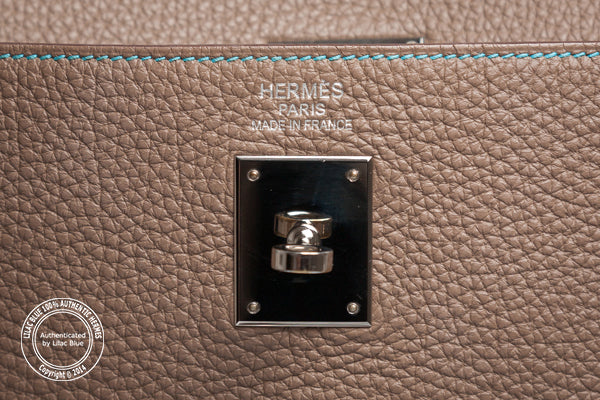 Hermès Kelly 35cm Kelly So Flash Etoupe & Bleu Aztec Togo PHW - Preloved