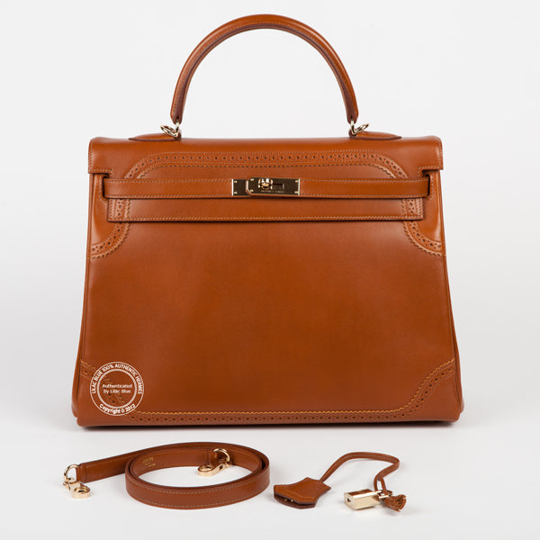 Hermès Kelly 35cm Fauve Ghillies Tadelakt Permabrass