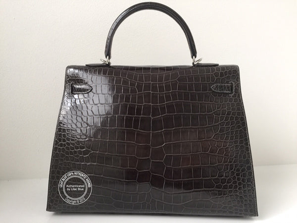 Hermès Kelly 35cm Graphite Shiny Croc PHW