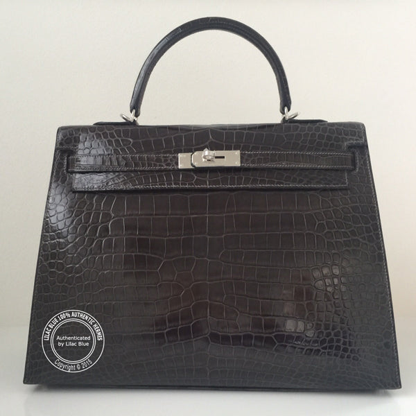 Hermès Kelly 35cm Graphite Shiny Croc PHW