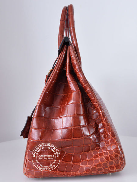 35cm Rouge H Birkin. Shiny Croc, Gold - Preloved