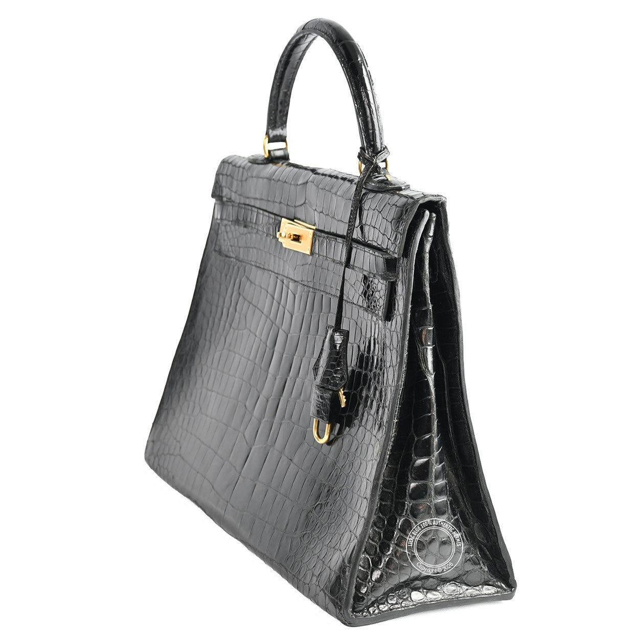 Hermès Kelly 35cm Black Shiny Croc GHW - Vintage