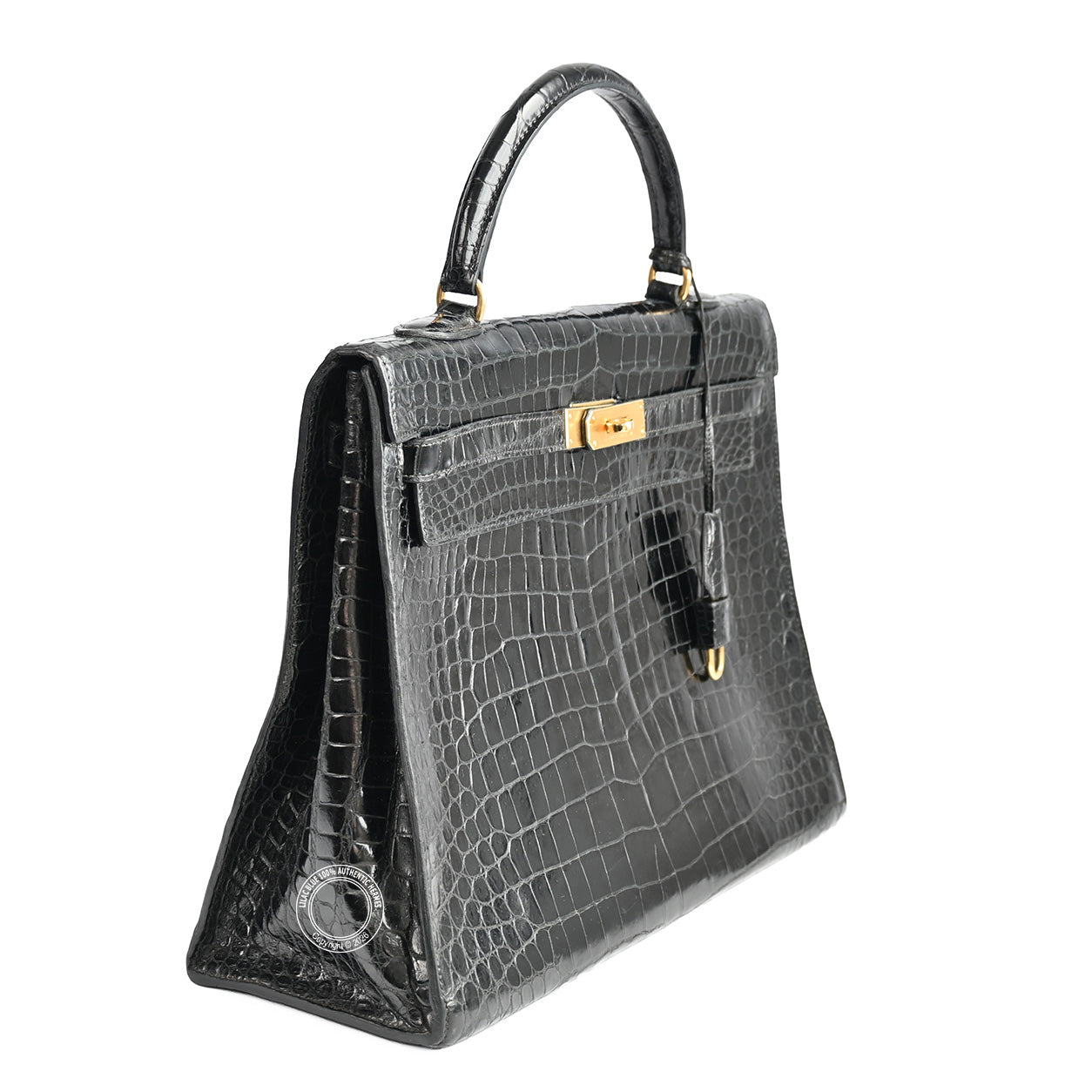 Hermès Kelly 35cm Black Shiny Croc GHW - Vintage