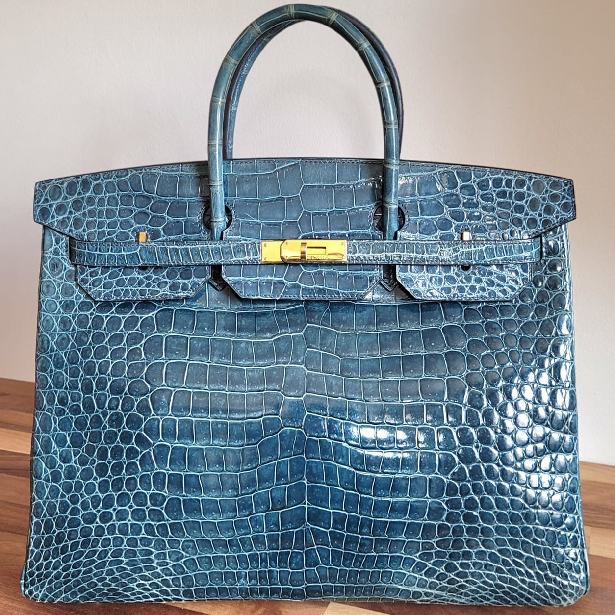 Hermès Birkin 40cm Blue Jean Shiny Croc GHW - Preloved