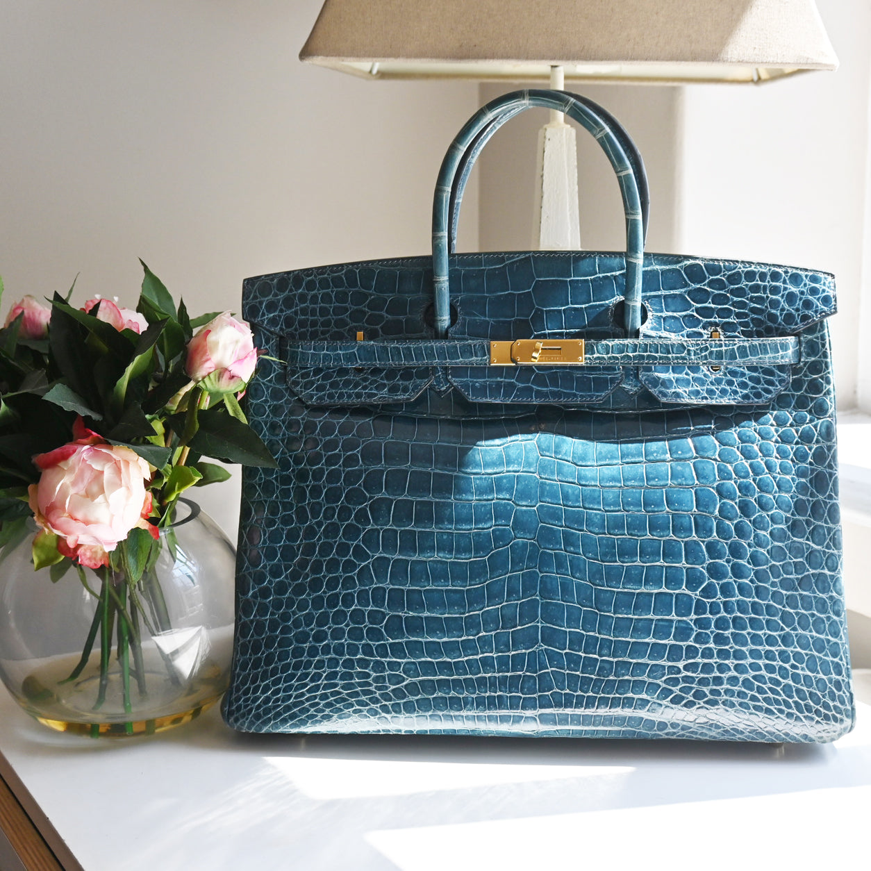 Hermès Birkin 40cm Blue Jean Shiny Croc GHW - Preloved