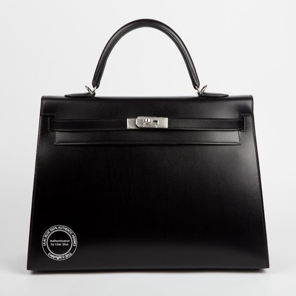 Hermès Kelly 35cm Black Tadelakt PHW Guilloche