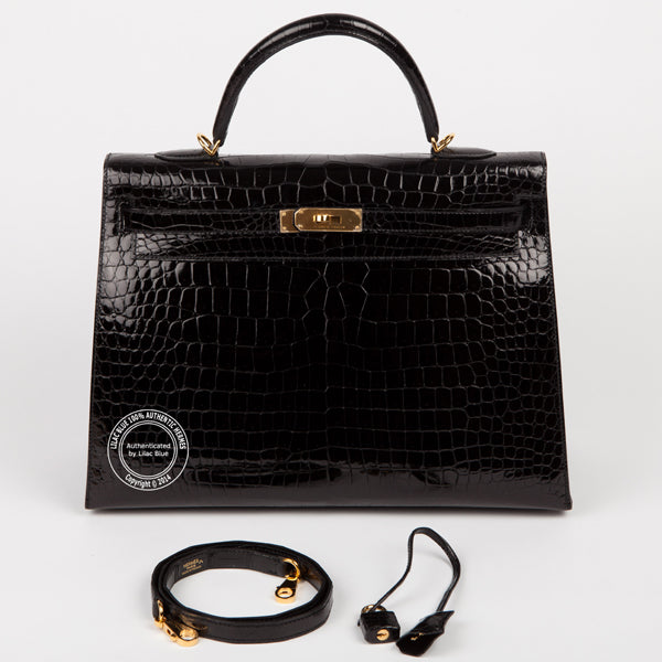 Hermès Kelly 35cm Black Shiny Croc GHW