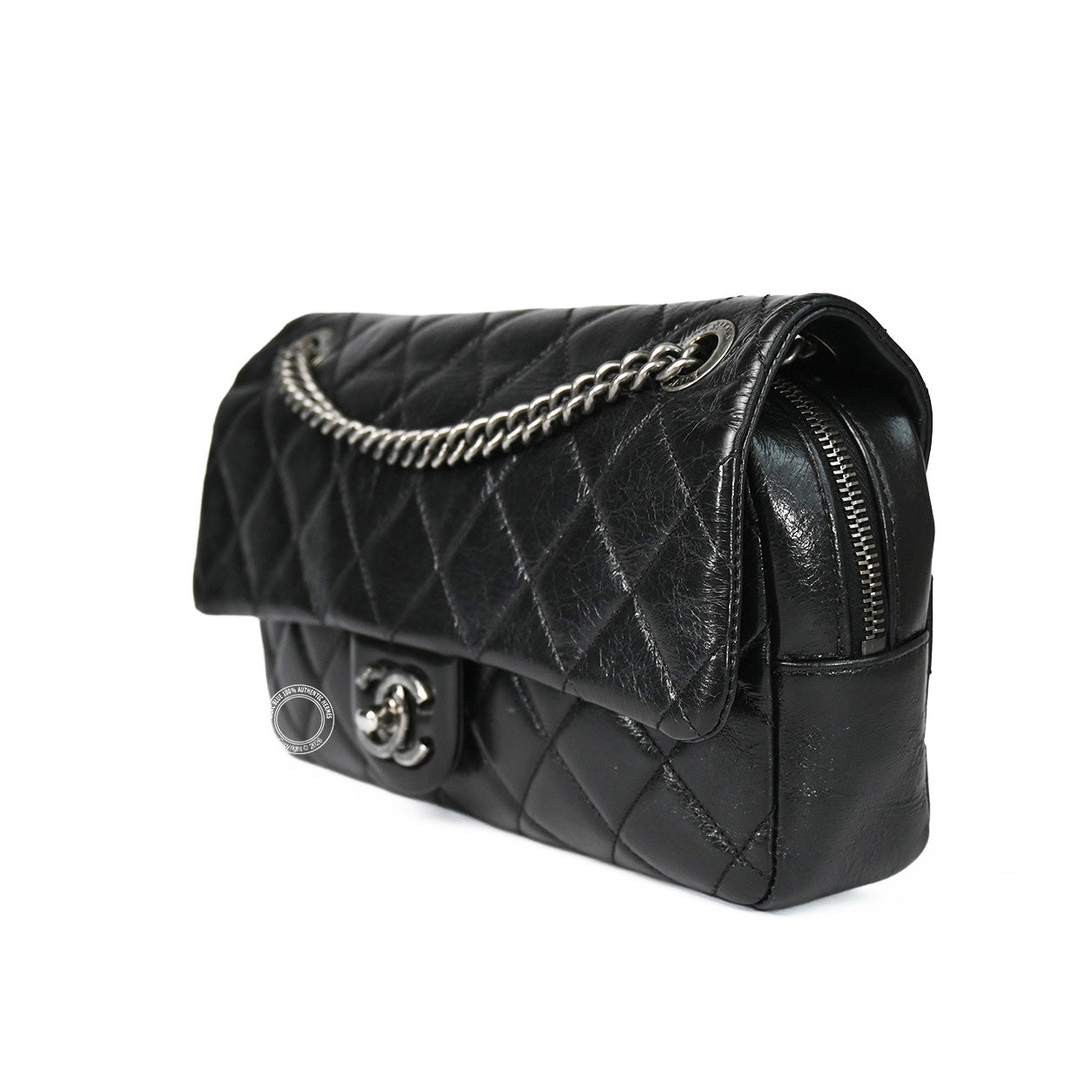 Chanel Easy Flap Black Aged Calfskin Ruthenium HW - Preloved