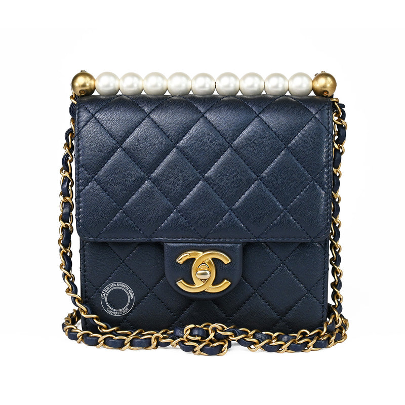 Chanel Vertical Pearl Flap Bag Navy Lambskin GHW - Preloved