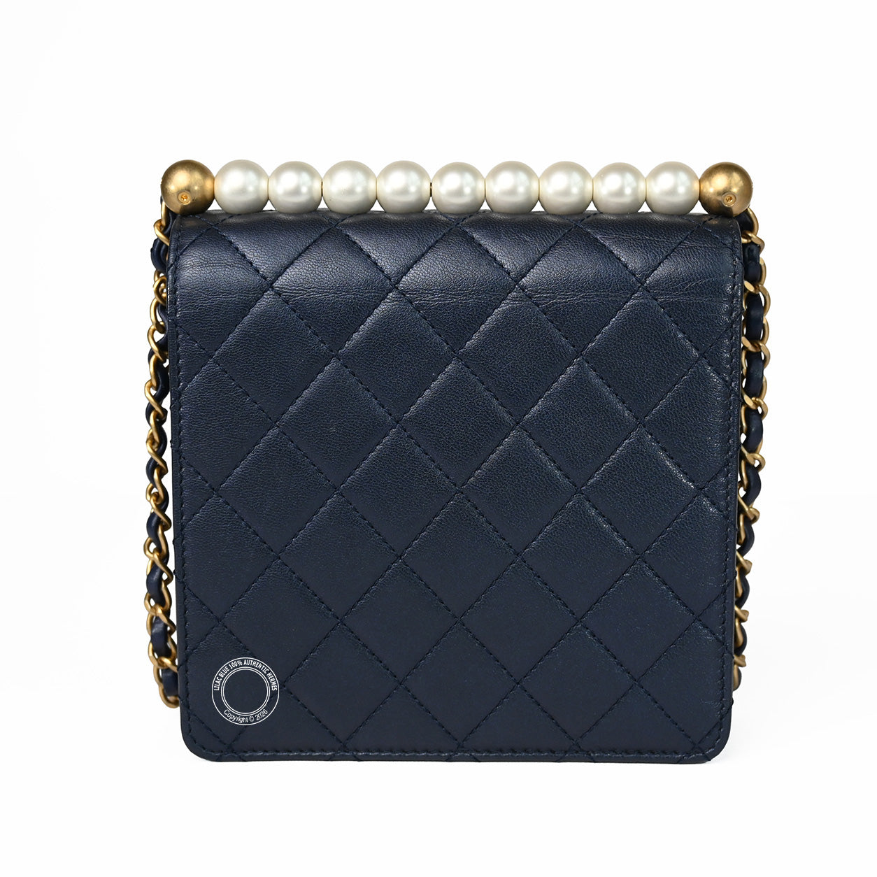 Chanel Vertical Pearl Flap Bag Navy Lambskin GHW - Preloved