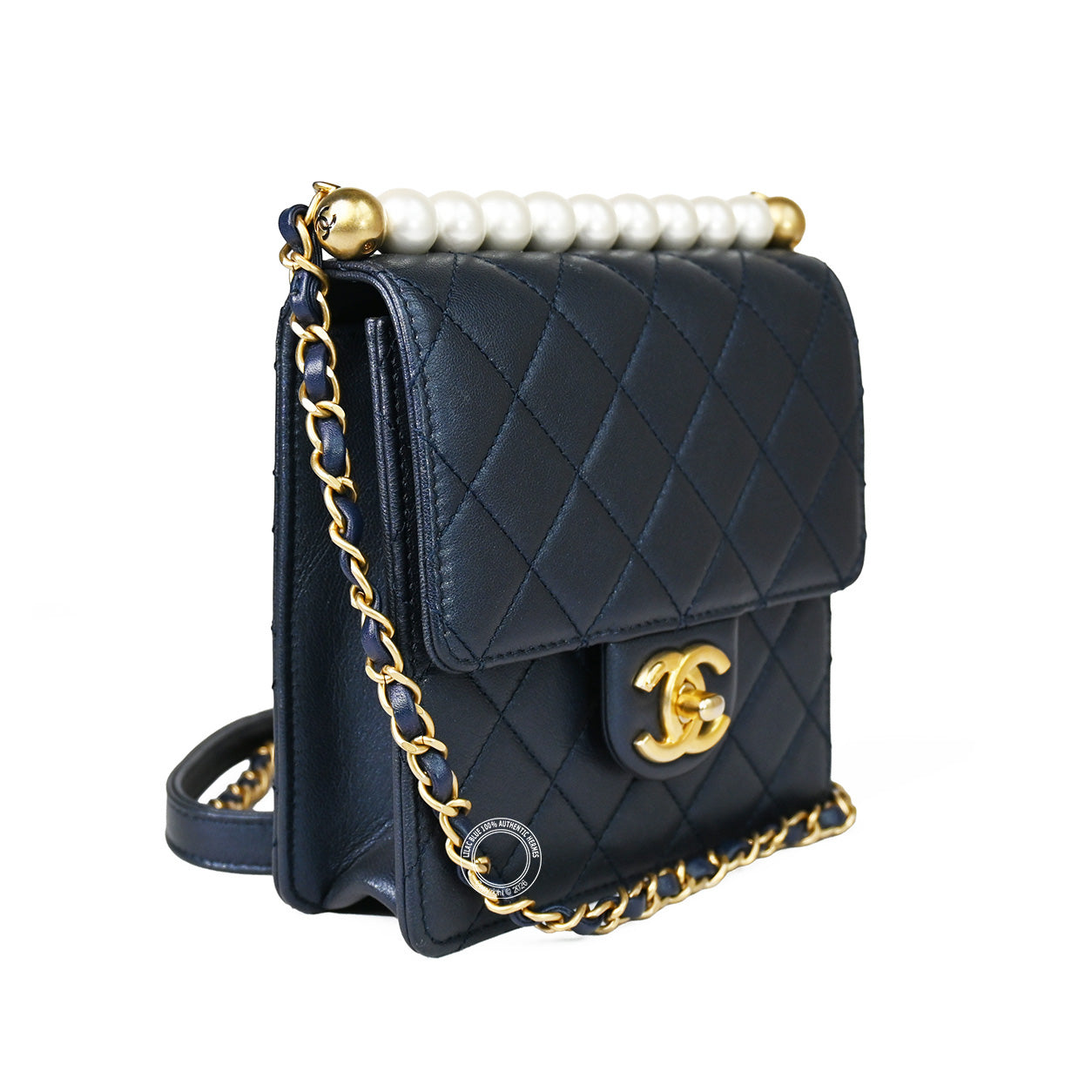 Chanel Vertical Pearl Flap Bag Navy Lambskin GHW - Preloved