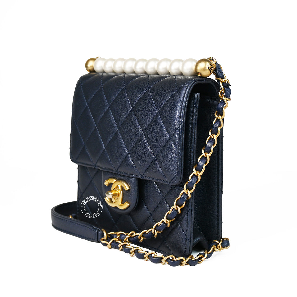 Chanel Vertical Pearl Flap Bag Navy Lambskin GHW - Preloved
