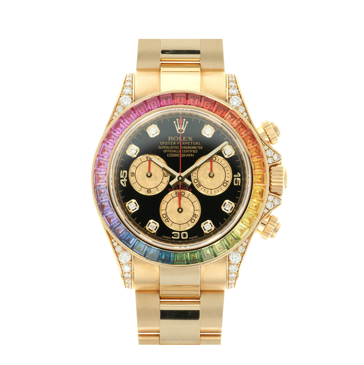 Rolex Daytona 40mm Rainbow Yellow Gold Black Dial 116598