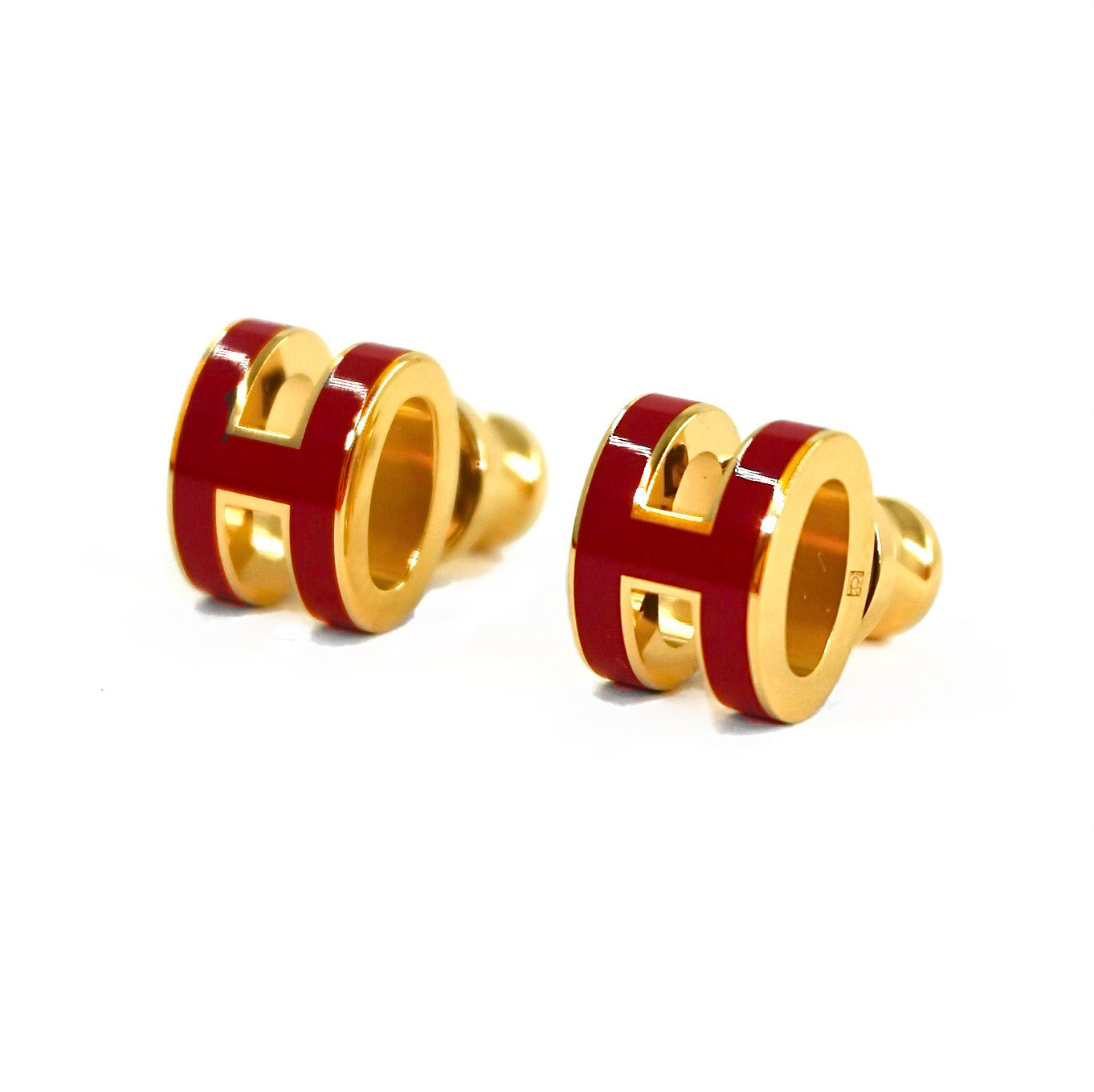 Hermes Mini Pop H Earrings. Burgundy/Gold