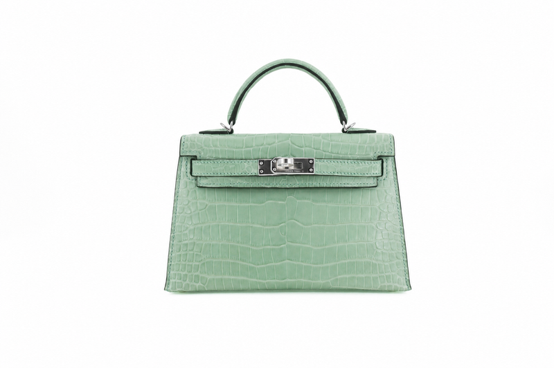 Hermès Kelly 20cm Vert D Eau Matte Croc PHW