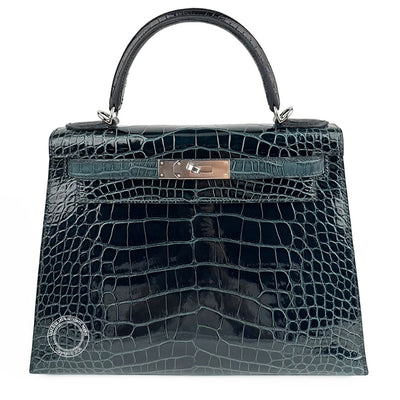 Hermès Kelly 28cm Black/Vert Bosphore/Vert Rousseau Shiny & Matte Croc PHW