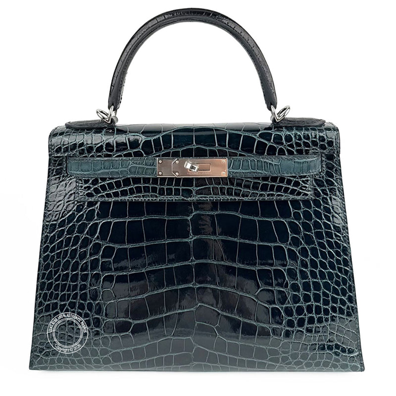 Hermès Kelly 28cm Black/Vert Bosphore/Vert Rousseau Shiny & Matte Croc PHW