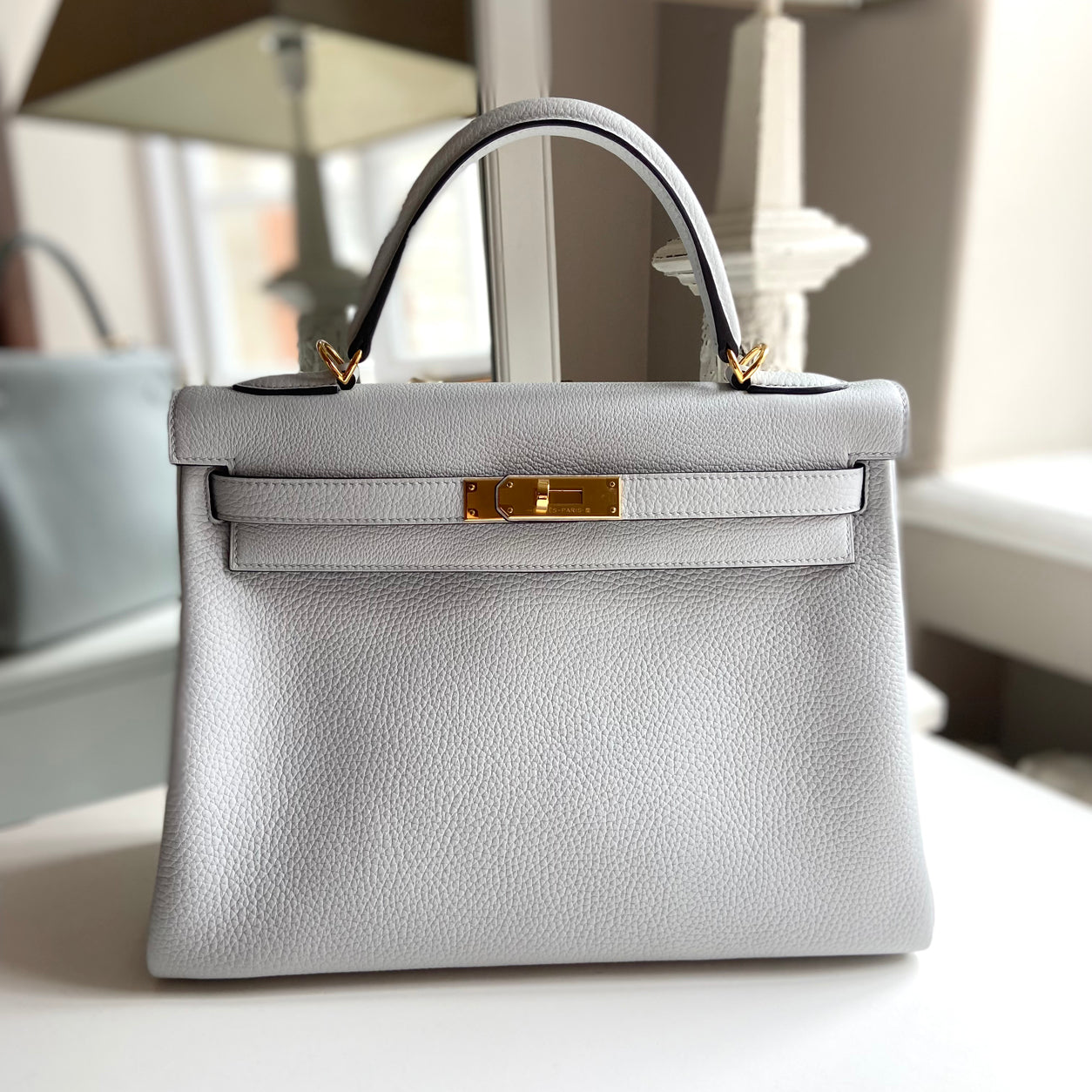 Hermès Kelly 32cm Bleu Pale Clemence GHW