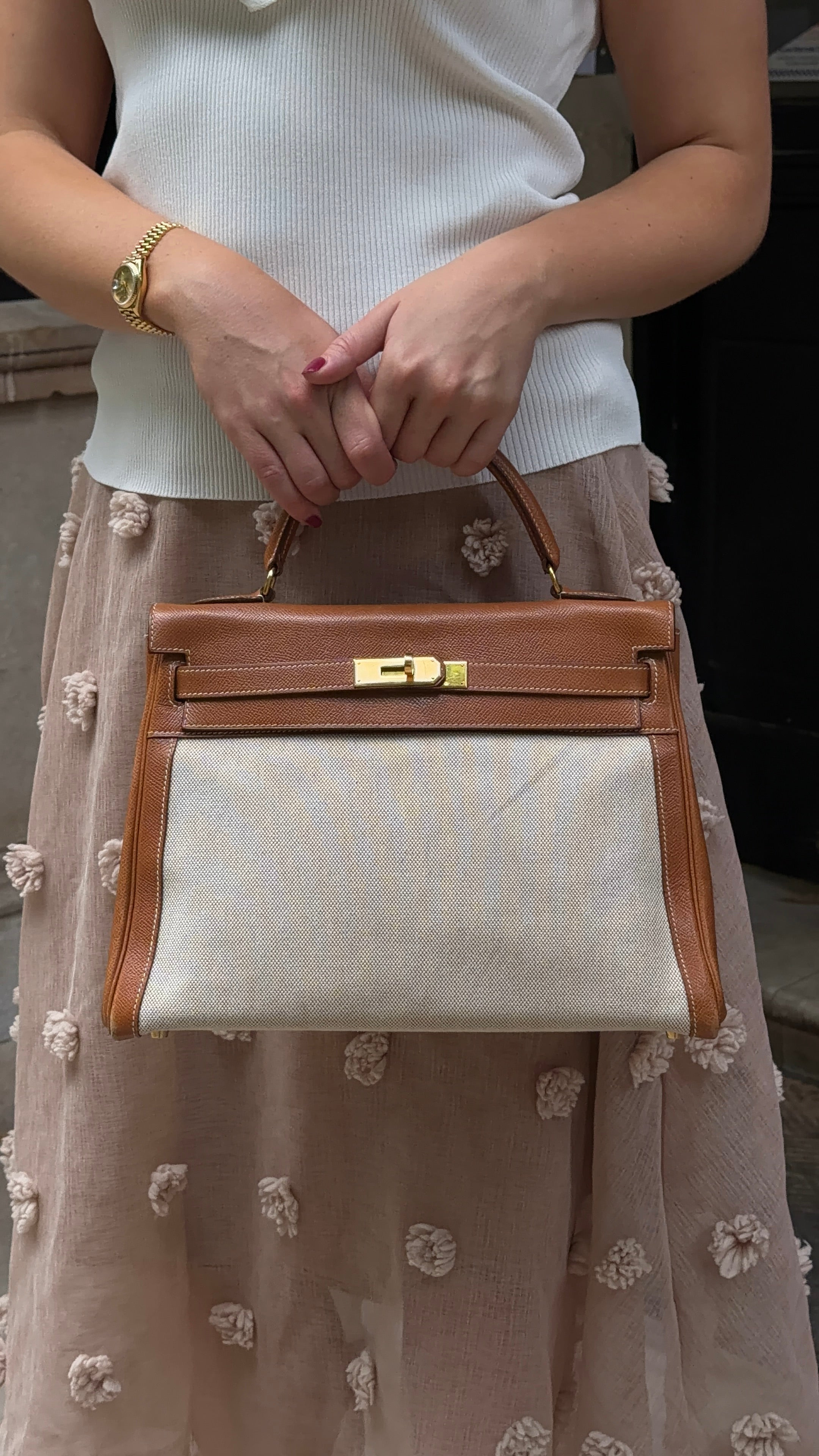 Hermès Kelly 32cm Gold Courchevel/Canvas GHW - Vintage