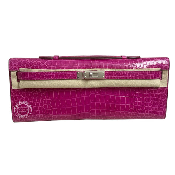 Hermès Kelly 31cm Rose Scheherazade Cut Pochette Shiny Croc PHW