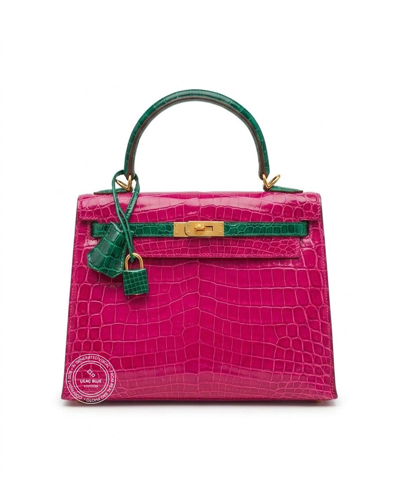 Hermès Kelly 25cm Rose Scheherazade/Vert Emeraude Shiny Croc BGHW - Preloved