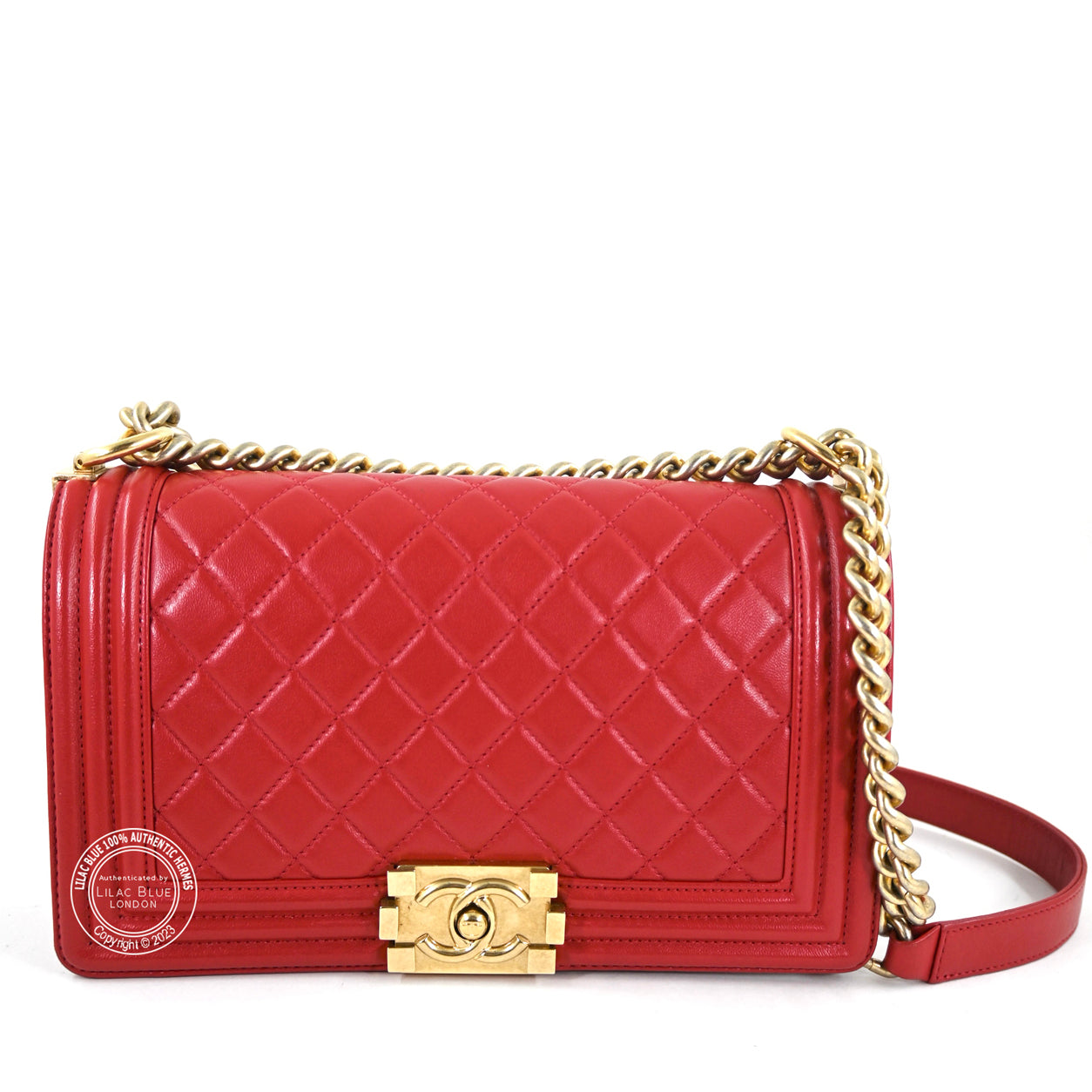 Chanel Boy Bag Red Lambskin BGHW -Preloved