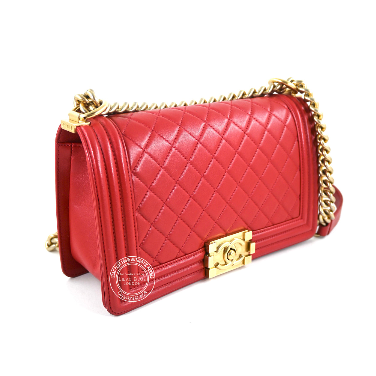 Chanel Boy Bag Red Lambskin BGHW -Preloved