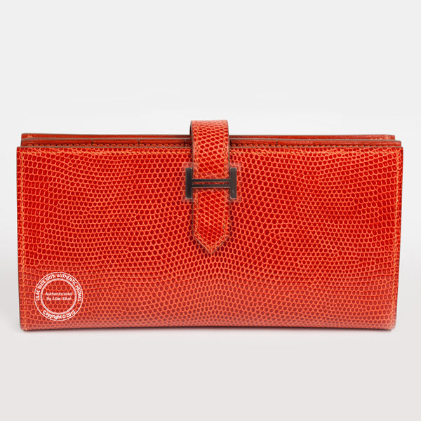 Hermès H Red Wallet. Lizard, Palladium