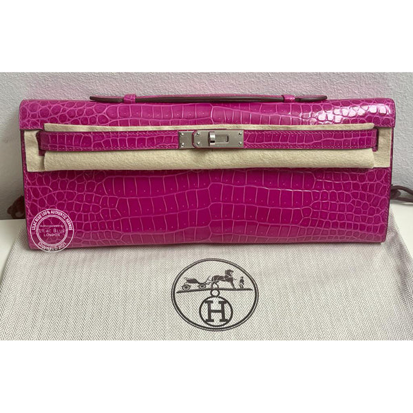 Hermès Kelly 31cm Rose Scheherazade Cut Pochette Shiny Croc PHW