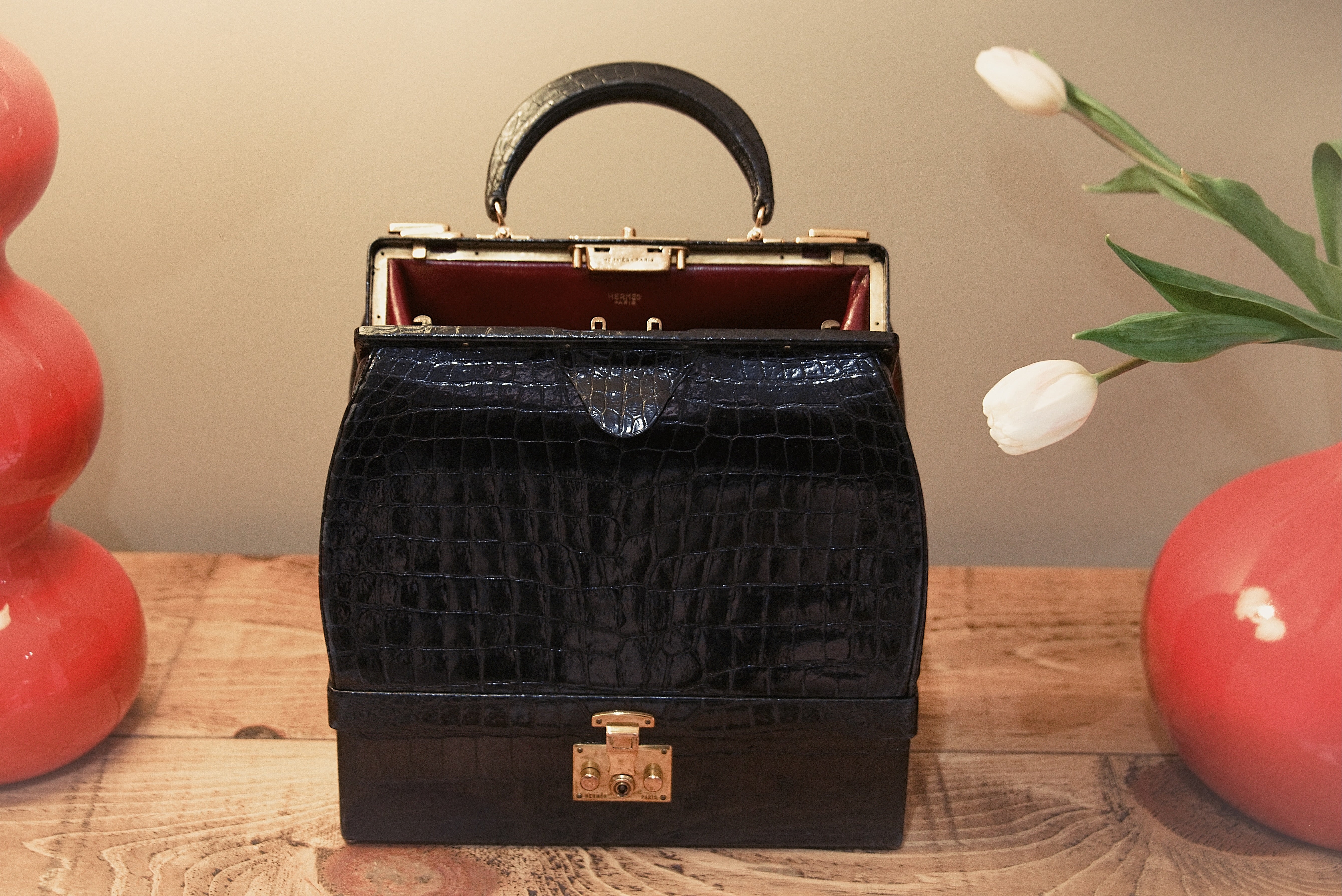 Hermès Sac Mallette 27cm Black Shiny Croc GHW - Vintage