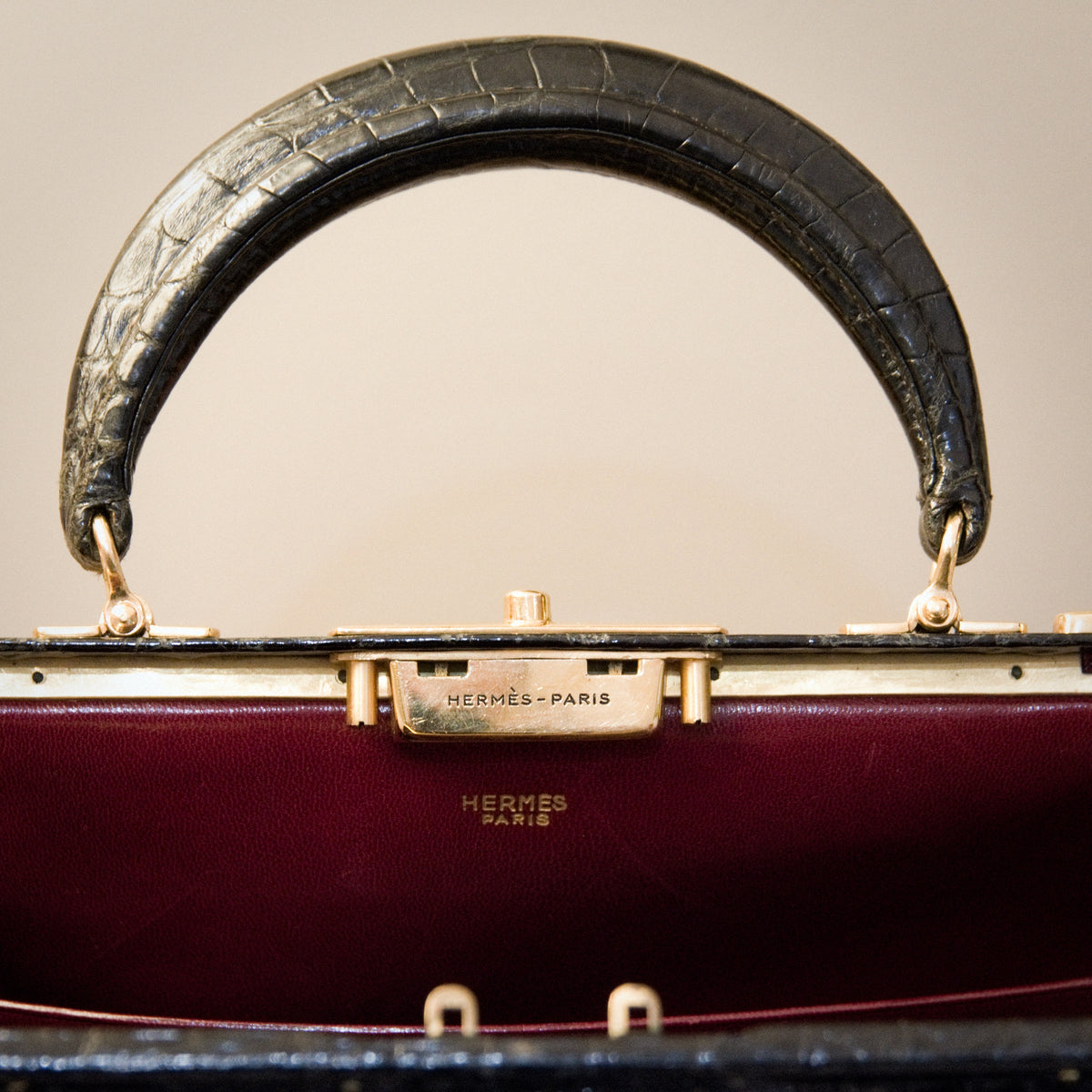 Hermès Sac Mallette 27cm Black Shiny Croc GHW - Vintage