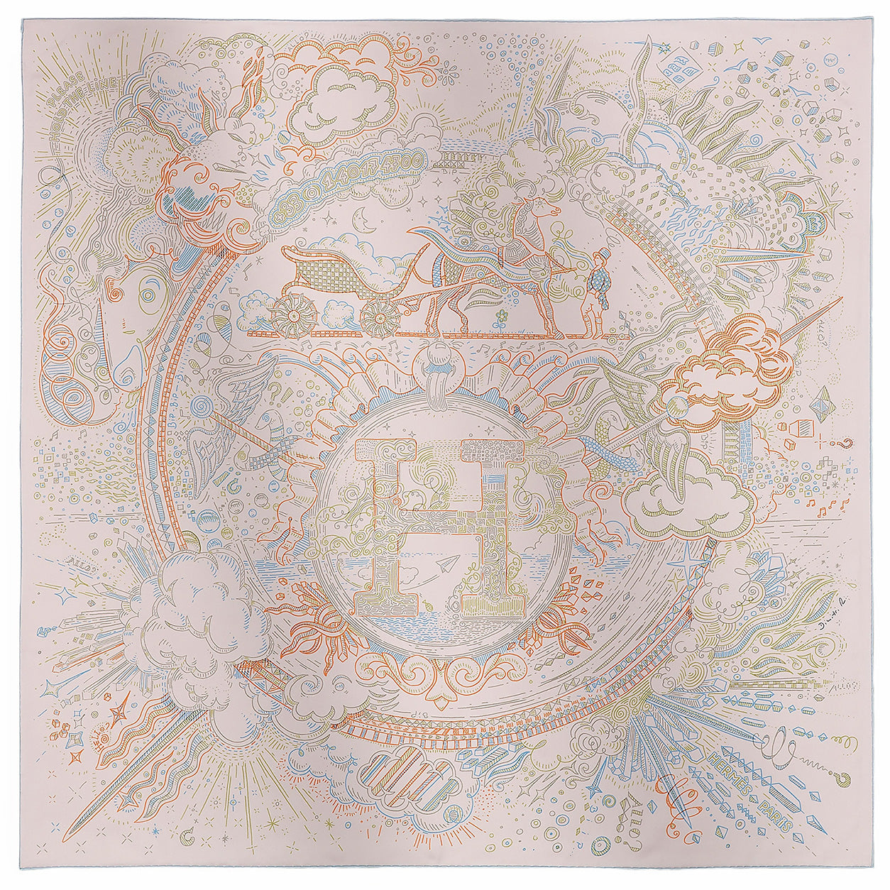 Hermès Scarf Please Hold The Line. Rose Pale/Bleu Ciel/Orange