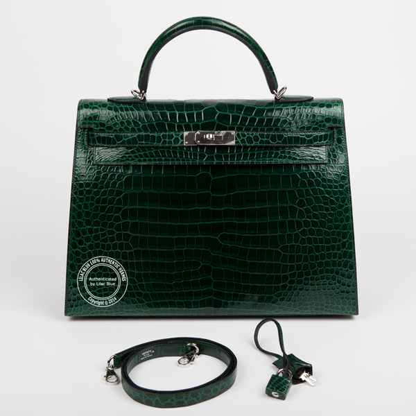 Hermes Kelly 35cm Emerald Green Shiny Croc PHW - Lilac Blue London