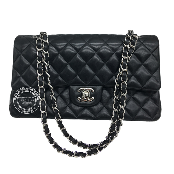 Chanel Classic Flap Bag Medium Black Lambskin Silver - Preloved