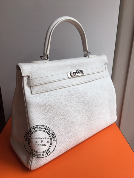 35cm White Kelly in Clemence with Palladium - Preloved angle