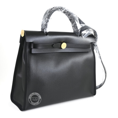 31cm Black Herbag in Coated Canvas & Hunter with Gold hardware profile 1